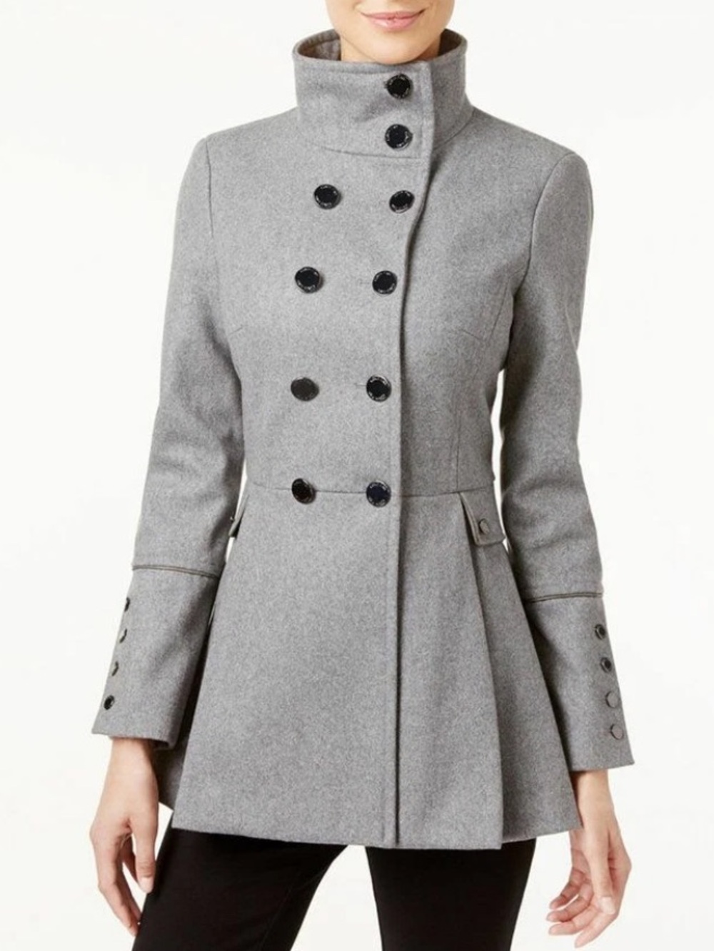LIKE BRAND NEW!CALVIN KLEIN GRAY WOOL BLEND DBL BREASTED PLEATED FLARE PEACOAT